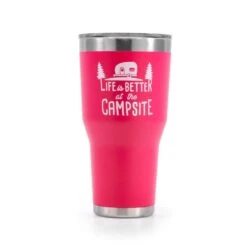 Camco 30 Oz Life Is Better At The Campsite Coral Pink BPA Free Insulated Tumbler With Travel Lid